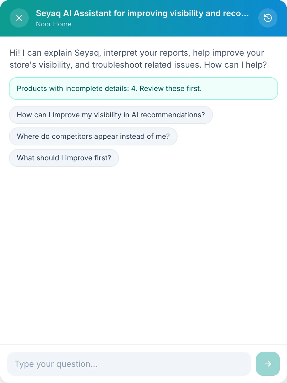 The Seyaq Assistant chat panel open on the dashboard.