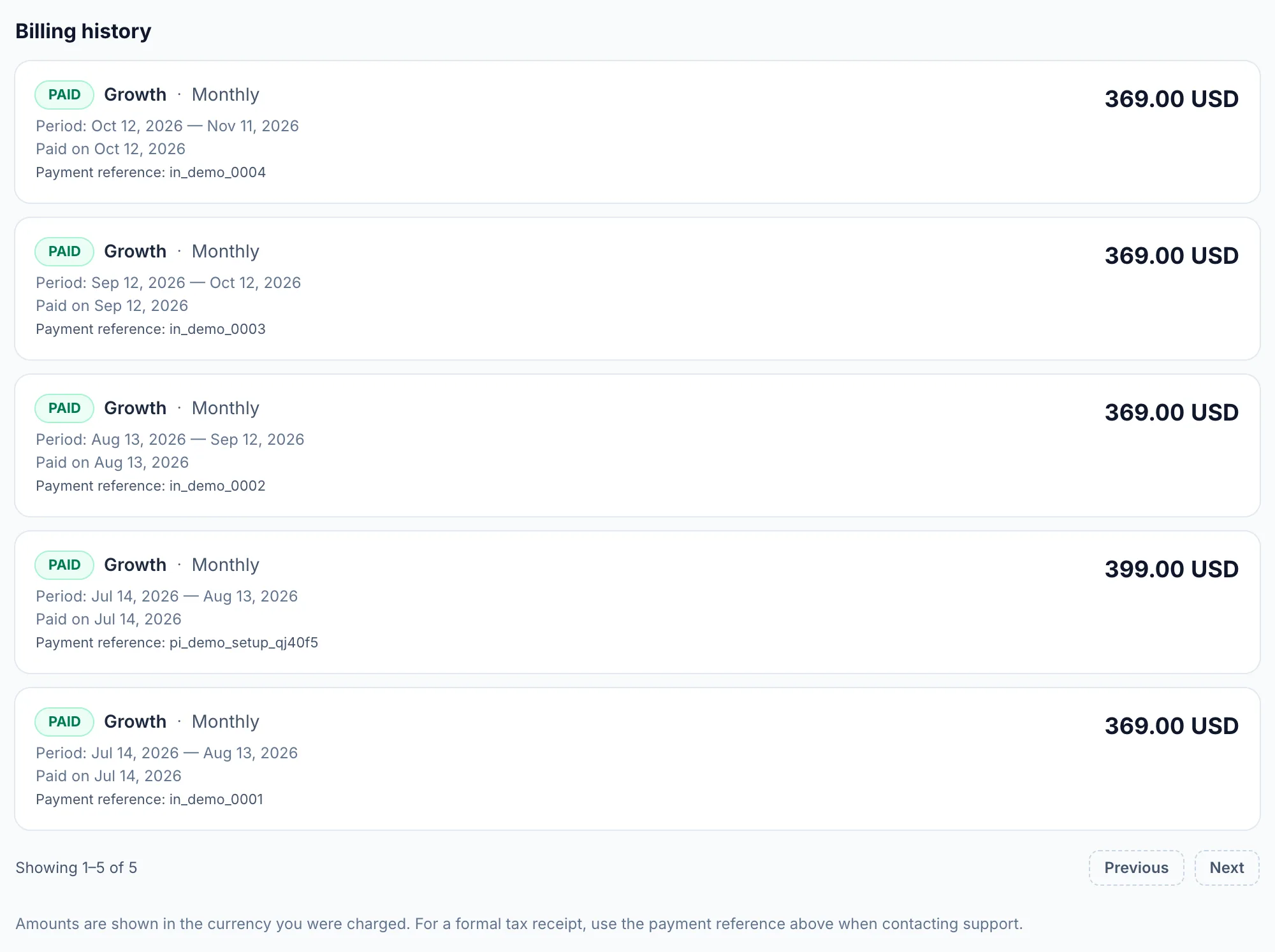 Billing history on the Plan & billing page: each invoice with its status, plan, period and amount.