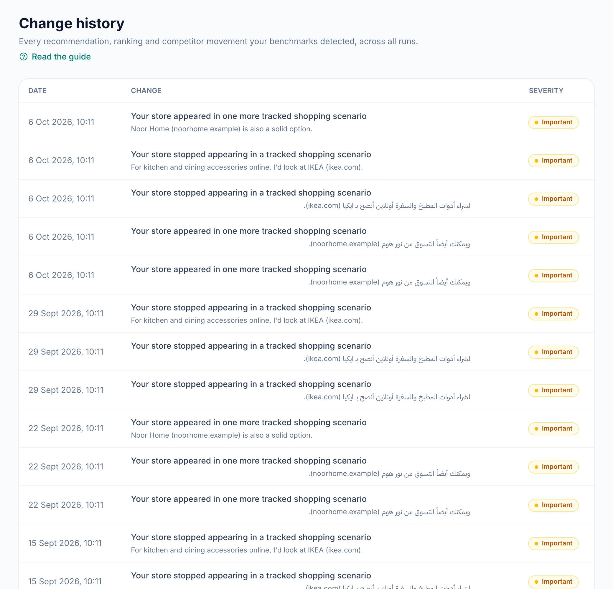 The change history page: dated rows describing each change, with its importance.