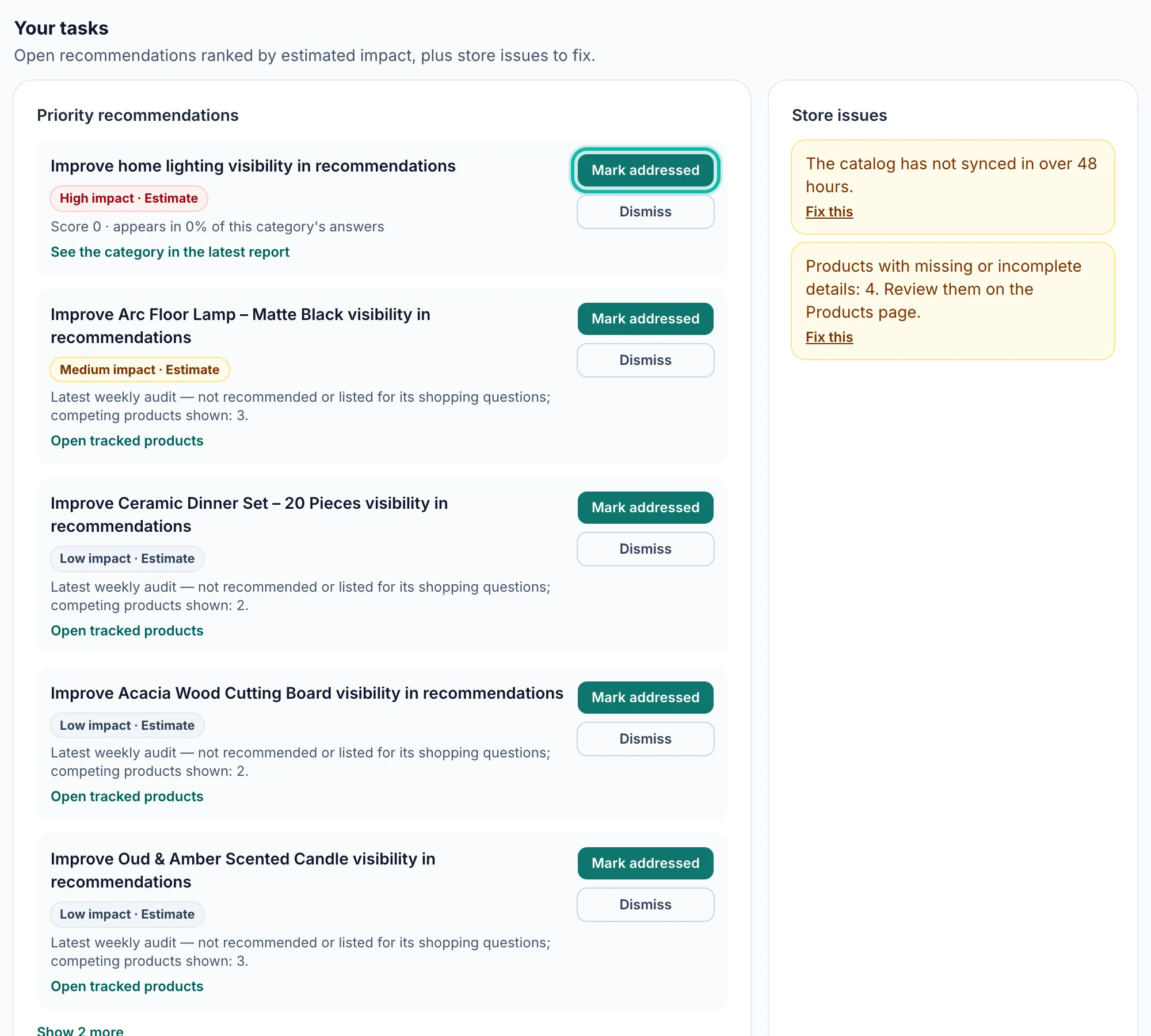 The Your tasks section: priority recommendations with impact labels, Mark addressed highlighted above Dismiss, and store issues on the side.