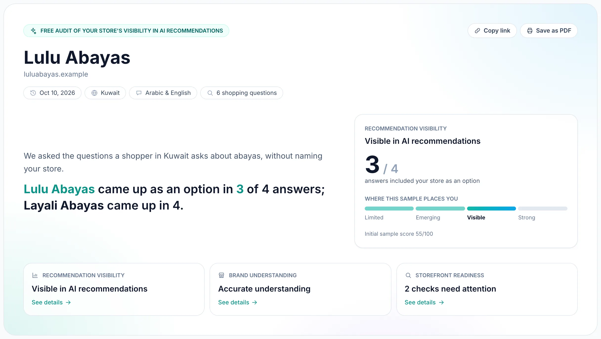 The top of a free audit report: the store, the headline result and the three separate results.