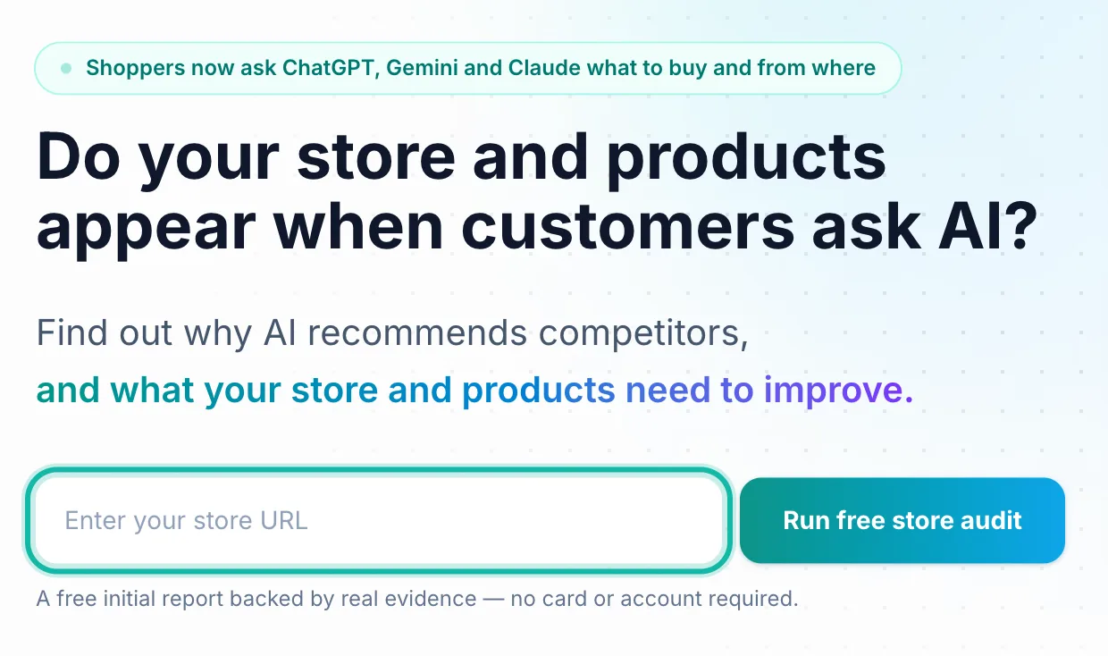 The Seyaq home page with the store link field and the free audit button.