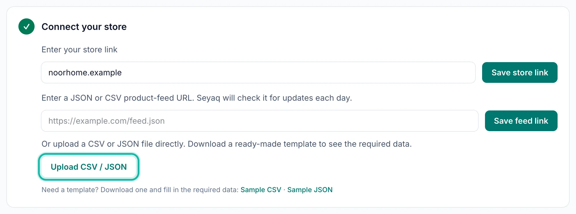 The Connect store page for a feed or file store: the store link field, the feed link field, the upload button and the template links.