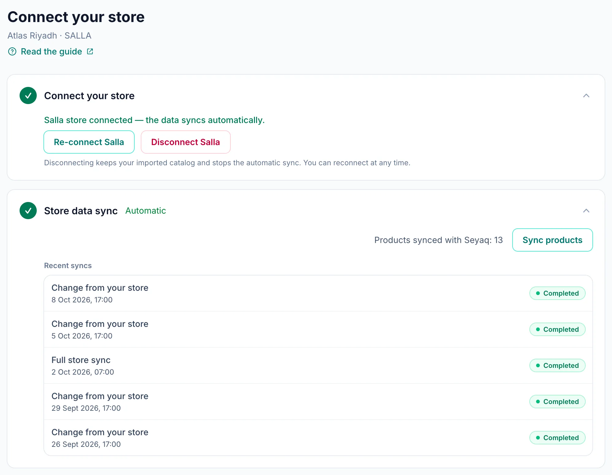 The Connect store page confirming the Salla store is connected, with the product count and the recent syncs list.