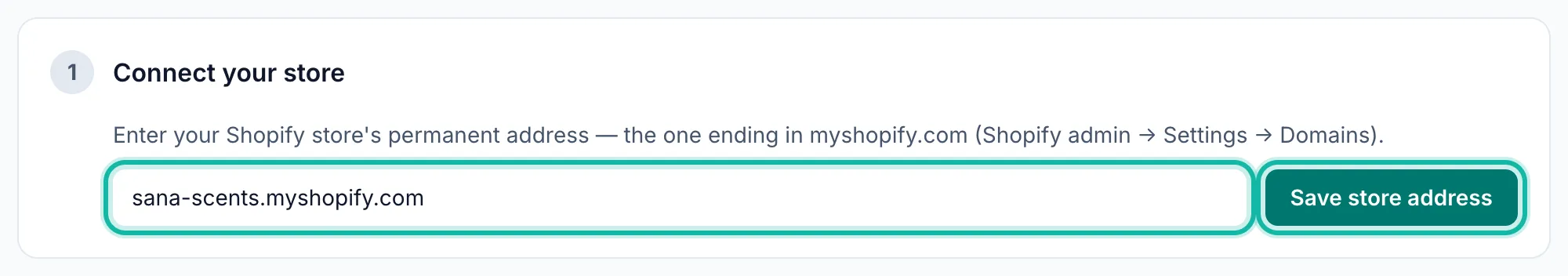 The Connect store page with the Shopify store address field and its save button highlighted.