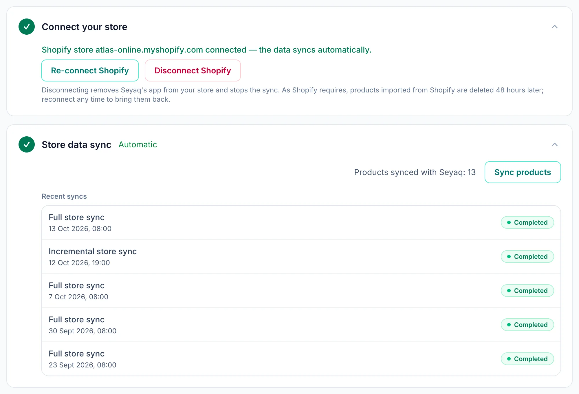 The Connect store page confirming the Shopify store is connected, with the Sync products button and the recent syncs list.