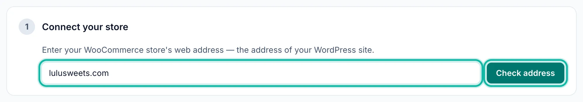 The Connect store page with the WooCommerce store address field and the Check address button highlighted.