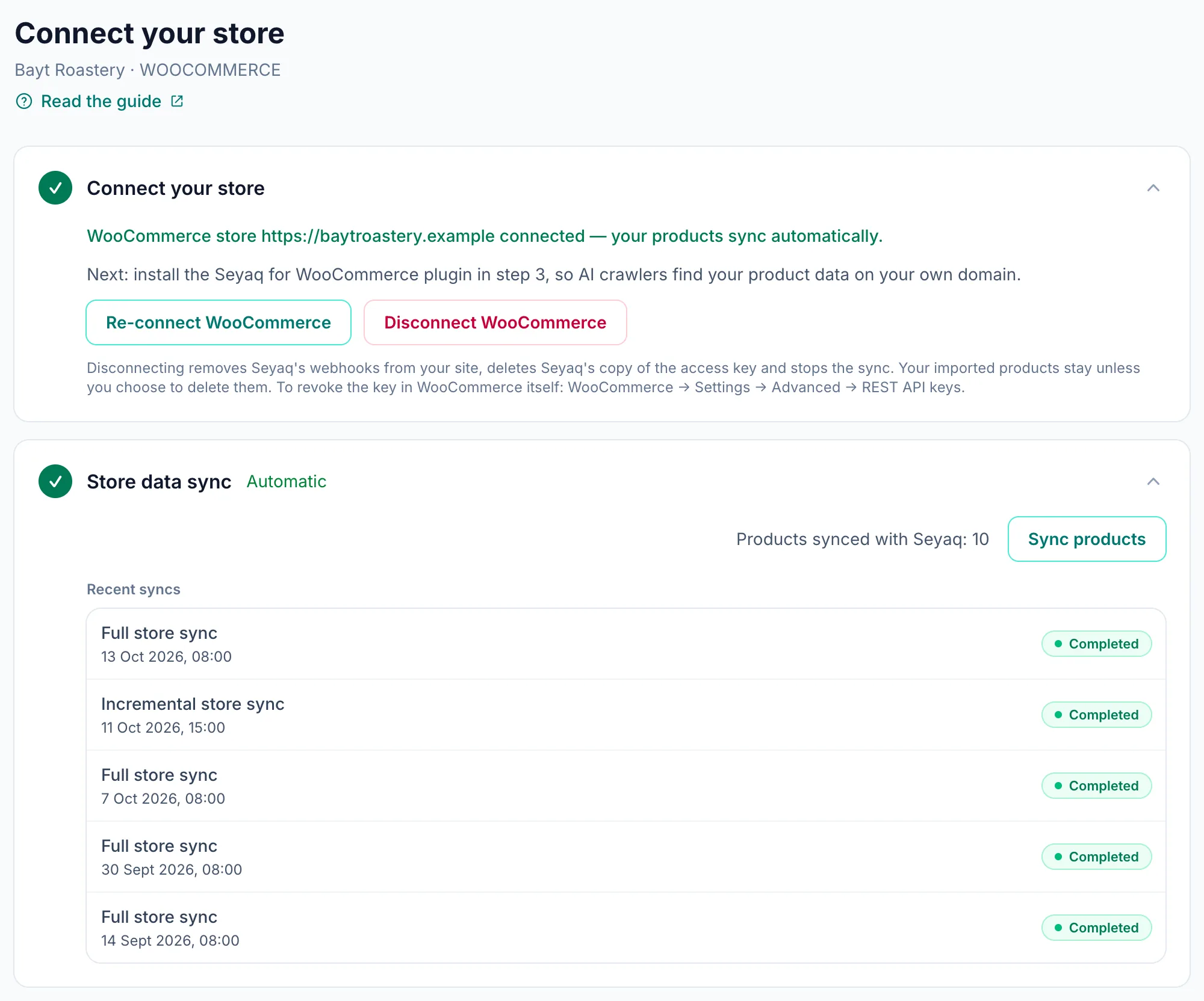 The Connect store page in the Seyaq dashboard confirming the WooCommerce store is connected, with the recent syncs list.
