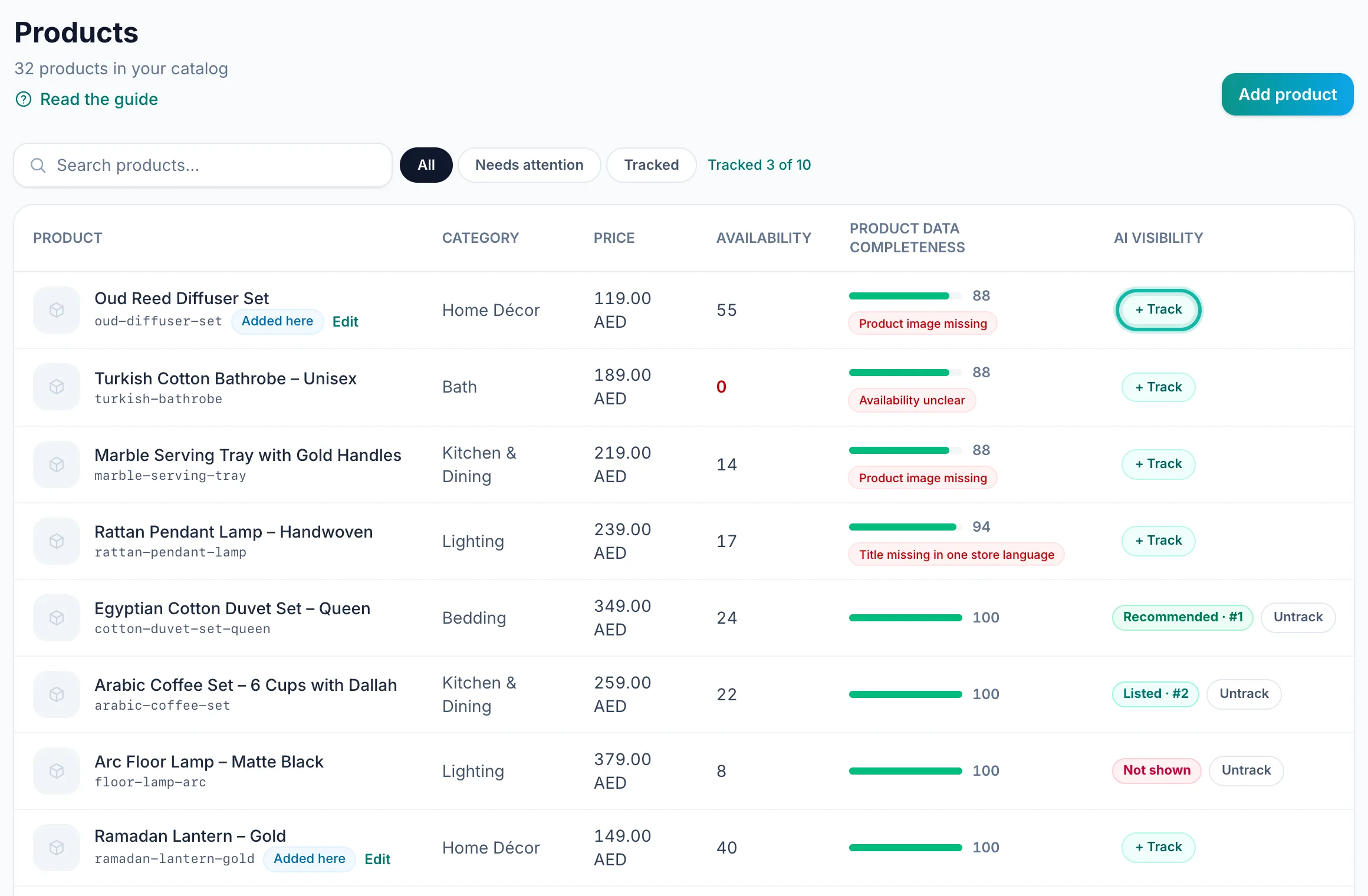 The products table: Track and Untrack buttons in the AI visibility column, with the Tracked filter and the tracked count above the table.