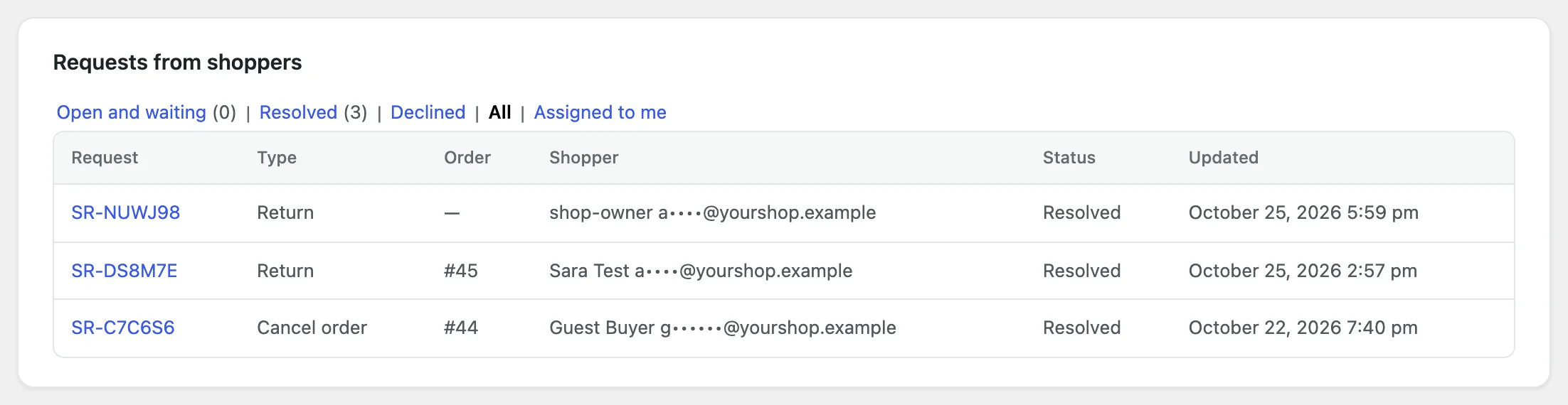 The Shopper requests tab: requests with their type, order, status and the team member they are assigned to.