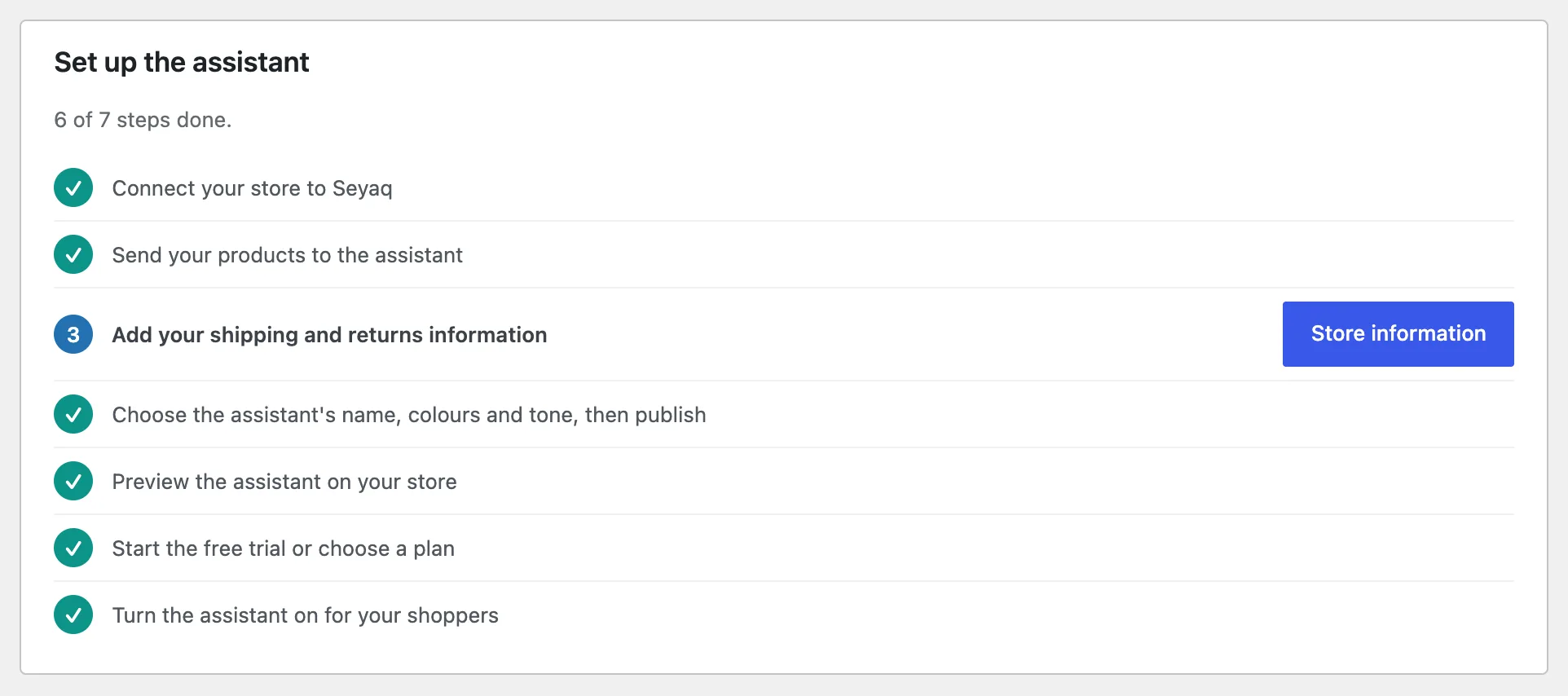 The setup checklist on the plugin's Overview: six of seven steps done, with a Store information button for the shipping and returns step.