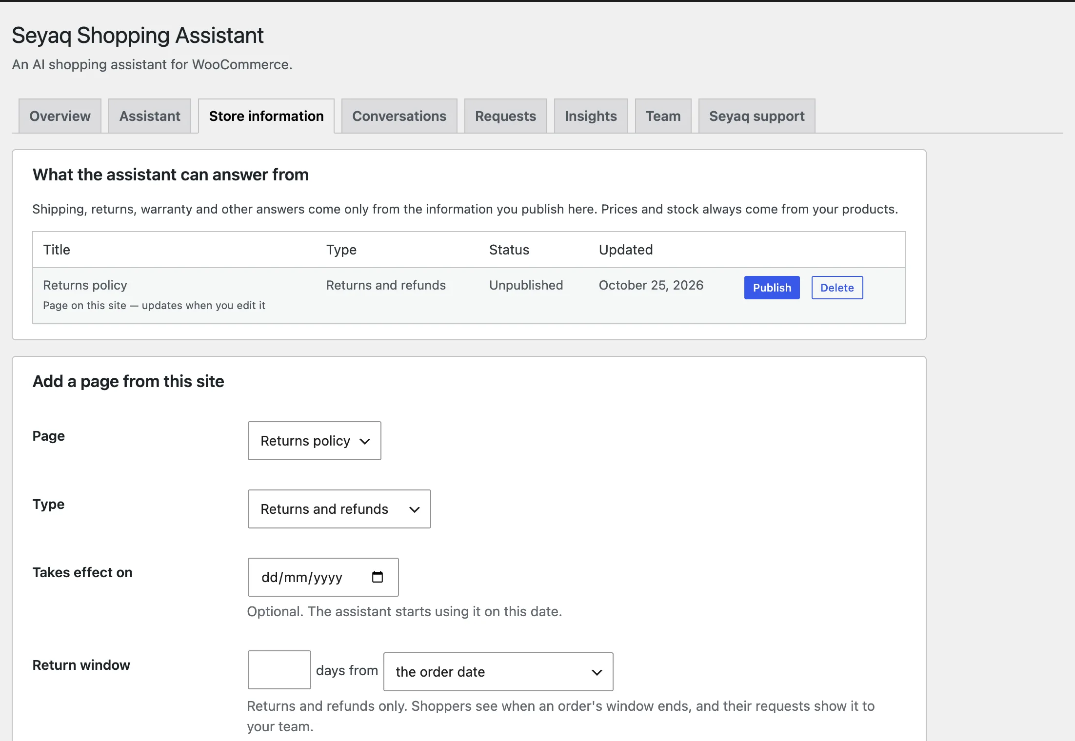 The Store information tab: a returns policy page in the list, and the form to add a page with its type, start date and return window.