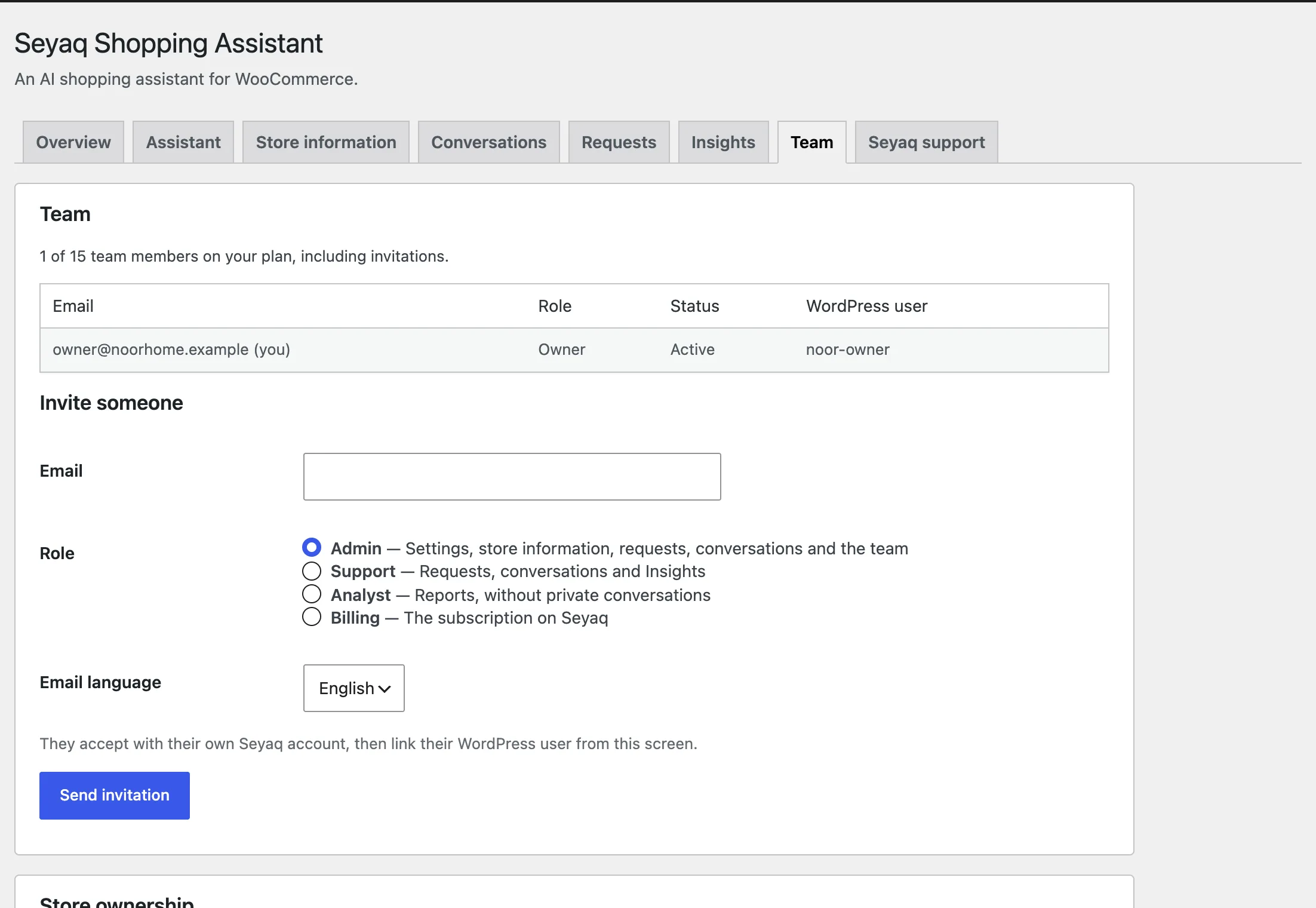 The Team tab: the store's members with role, status and WordPress user, and the invitation form with the four roles.