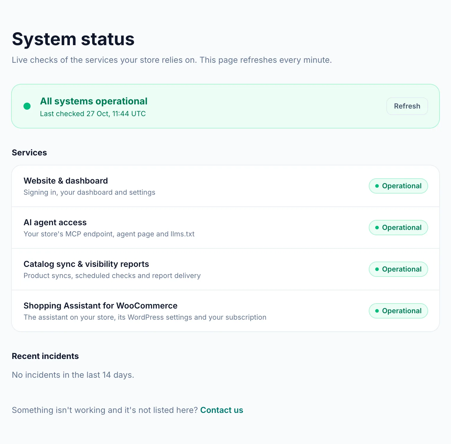 The public System status page with its four services and the current notices.