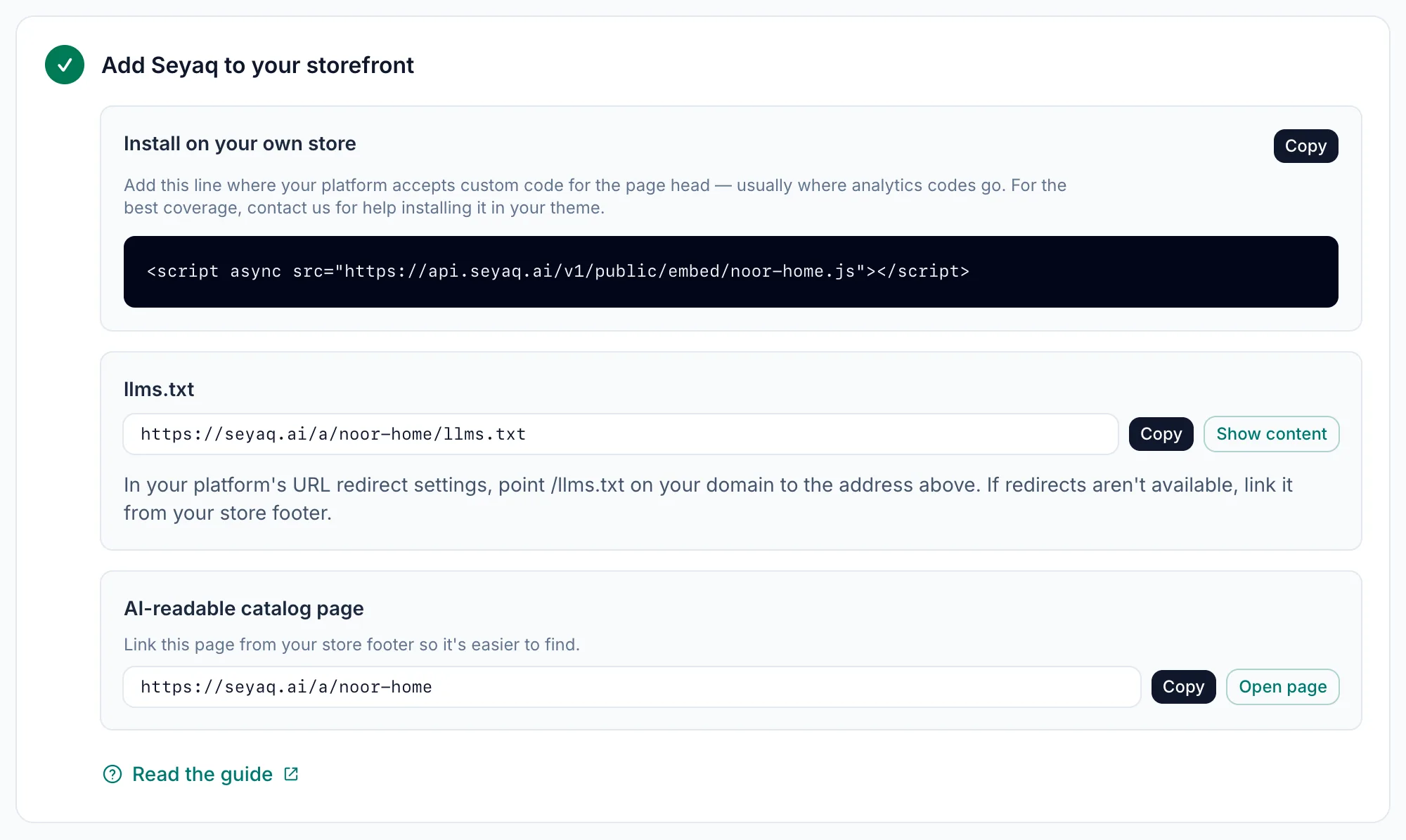 Step 3 of Connect store for a store using a product feed: the install code, the llms.txt address and the AI-readable catalog page, each with a copy button.