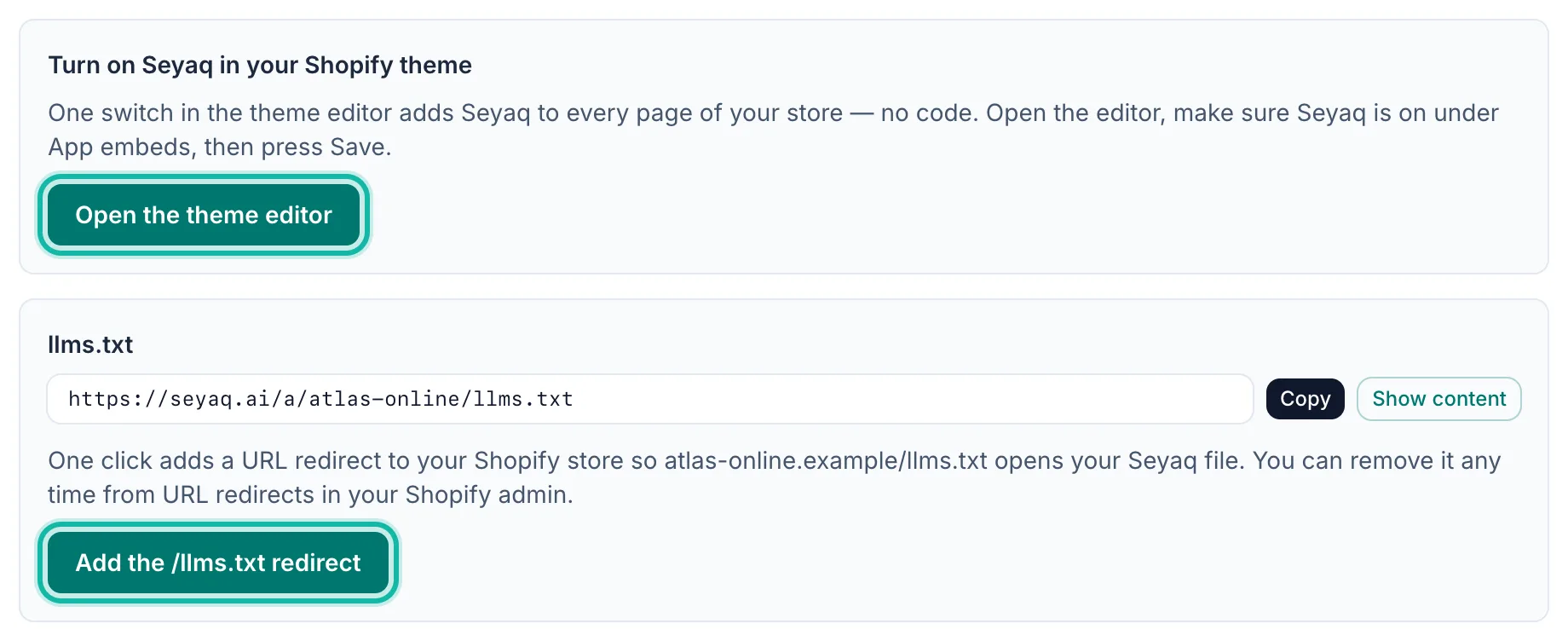 Step 3 for a Shopify store: the theme editor button and, in the llms.txt card, the redirect button.