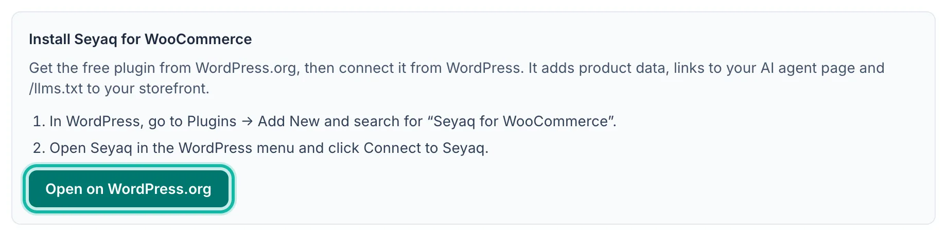 Step 3 of Connect store showing the Install Seyaq for WooCommerce card, with the Open on WordPress.org button highlighted.